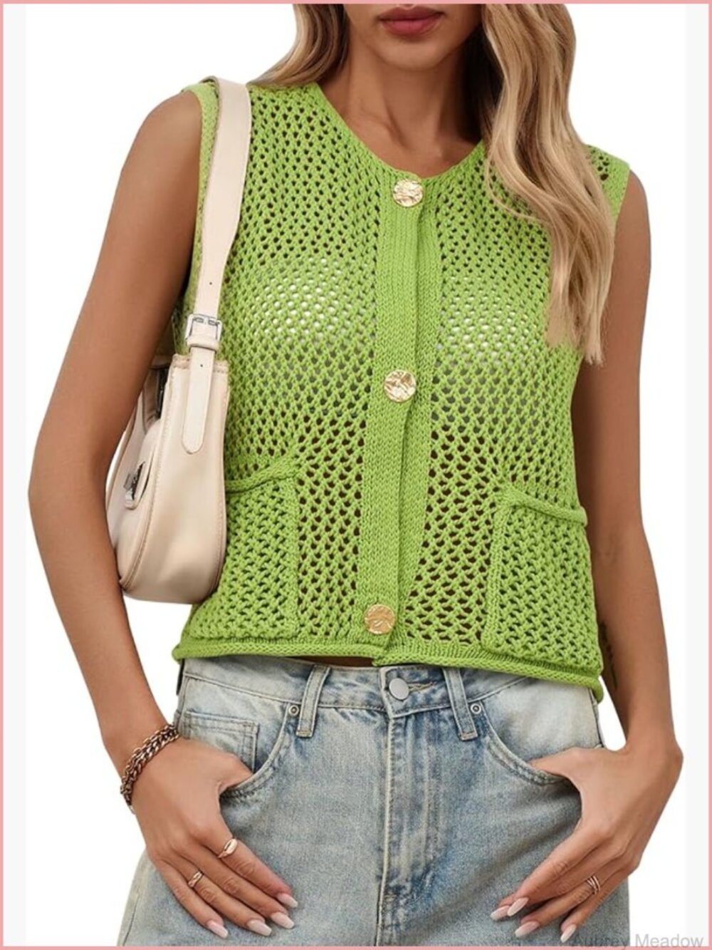 Crochet Sweater Vest Button Down Sleeveless Crew Neck Boho Knit Crop Tank